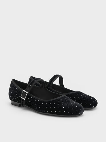 Carmel Velvet Dotted Buckled Mary Jane Flats, Black Textured, hi-res