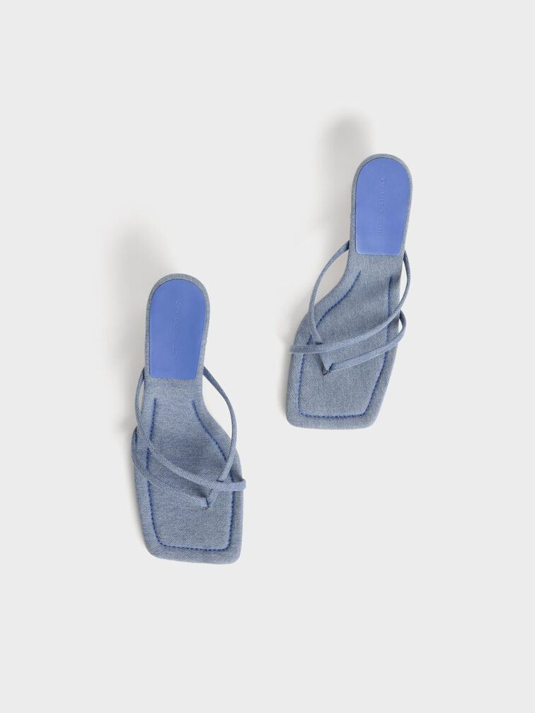 Denim Strappy Heeled Thong Sandals, Blue, hi-res