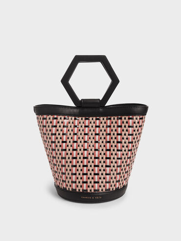 Geometric Handle Woven Bucket Bag, Multi, hi-res