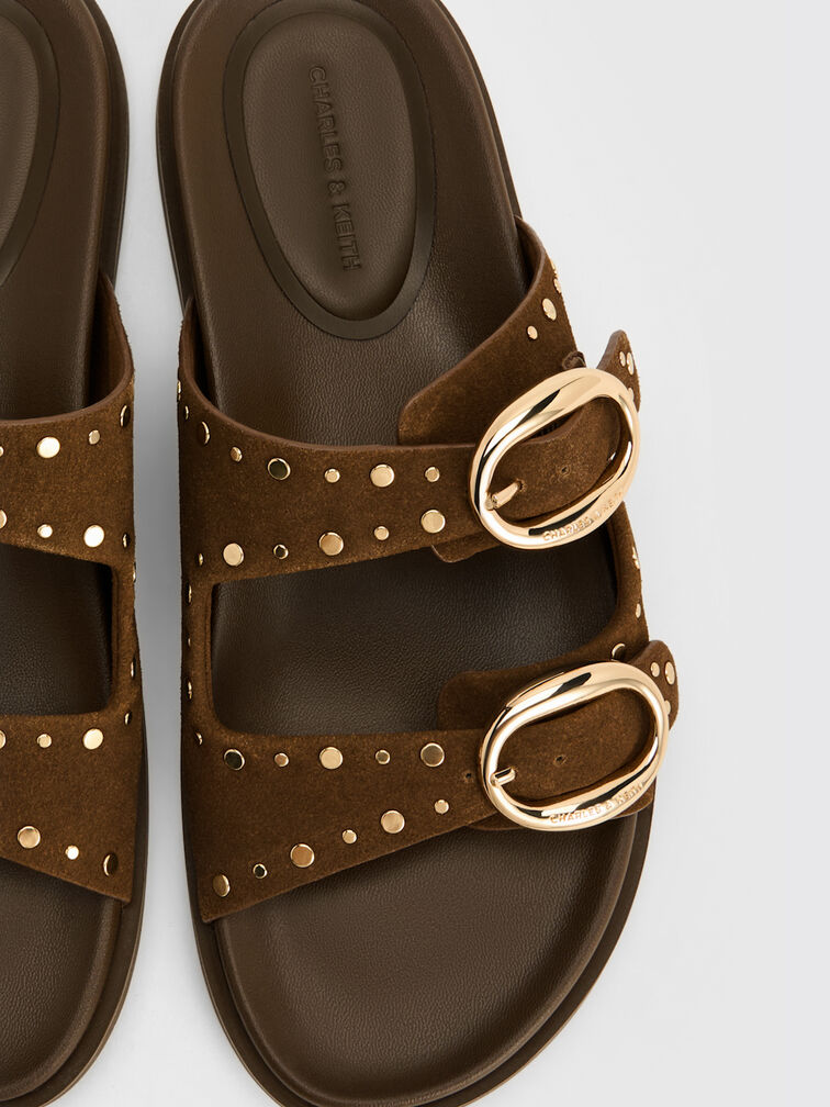 Studded Buckled Double-Strap Slides, Brown, hi-res