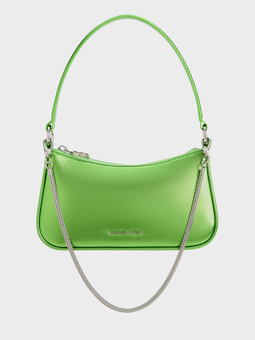 Metallic Curved Shoulder Bag, Green, hi-res