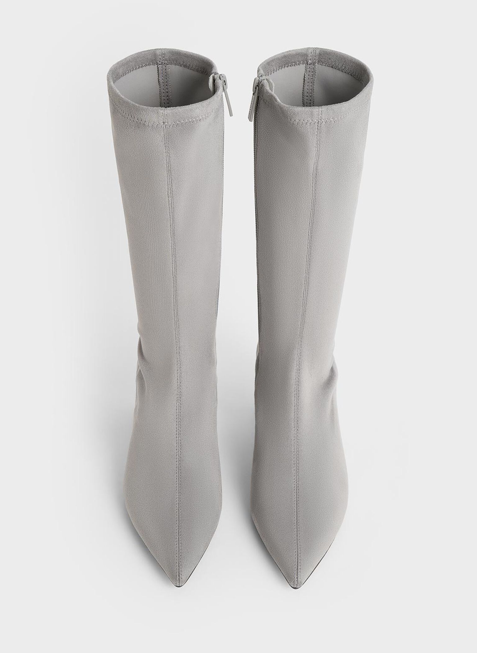 Faux Suede Blade-Heel Pointed-Toe Calf Boots, Grey, hi-res