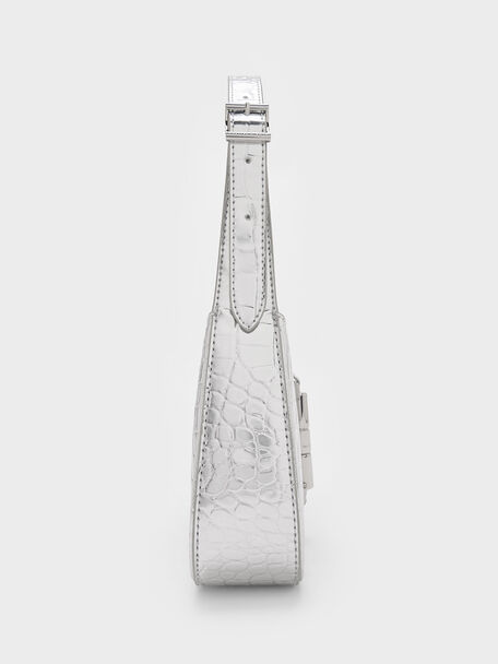 Cesia Croc-Effect Metallic-Accent Shoulder Bag, Silver, hi-res