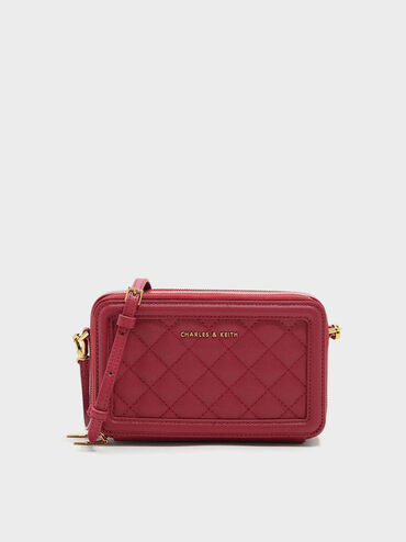 Quilted Boxy Long Wallet, Red, hi-res