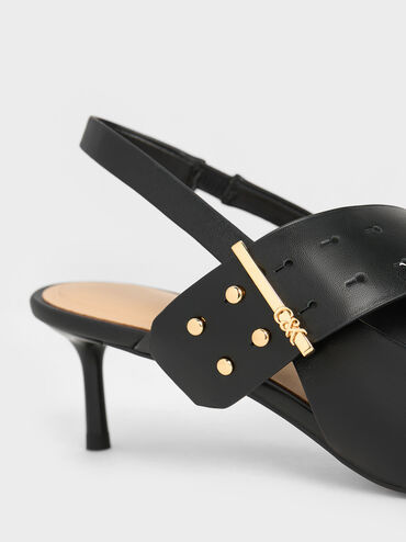 Leather Asymmetric-Strap Slingback Mary Jane Pumps, Black, hi-res