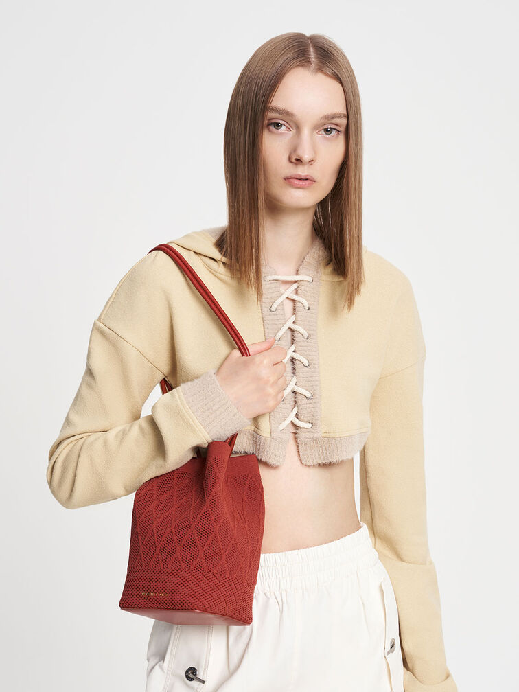 Genoa Knitted Drawstring Bag, Brick, hi-res