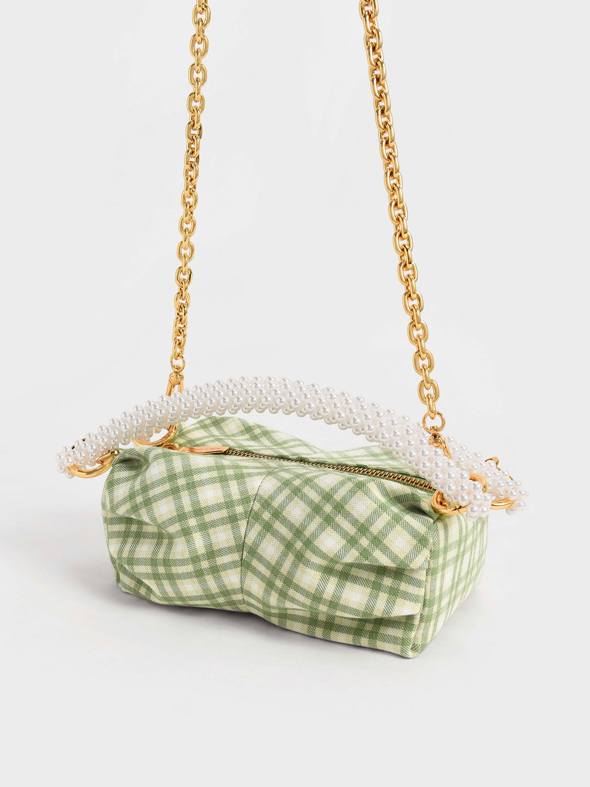 Beaded Handle Ruched Shoulder Bag, Green, hi-res