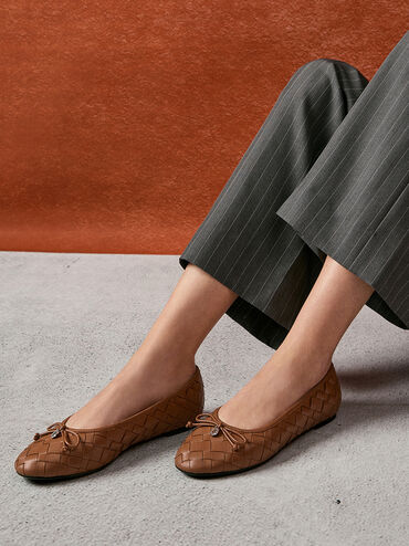Woven Bow Ballet Flats, Brown, hi-res