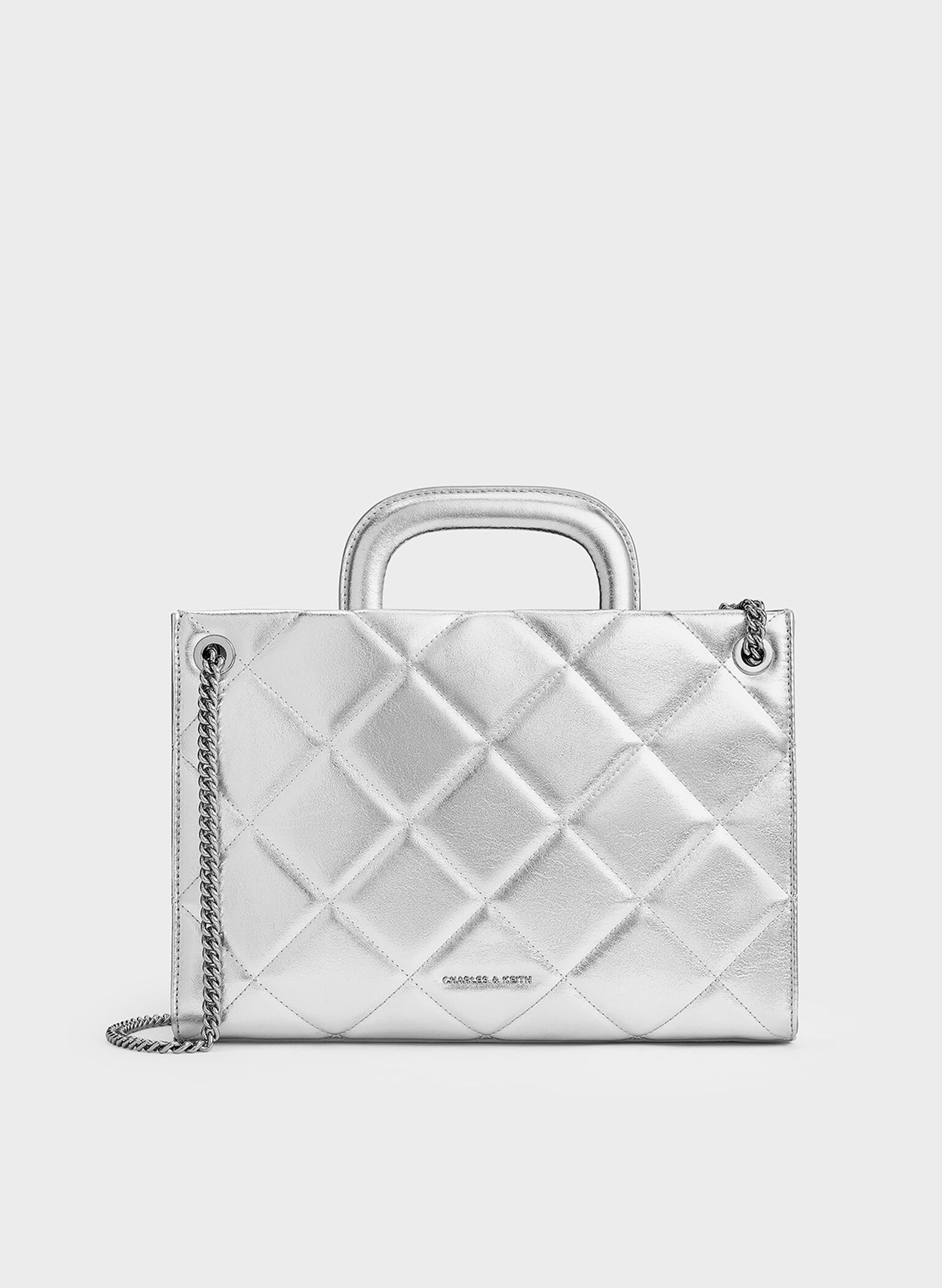Apfra Metallic Quilted Chain-Handle Bag, Silver, hi-res