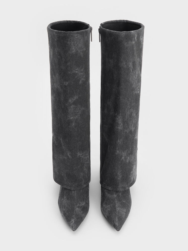Denim Fold-Over Pointed-Toe Knee-High Boots, Dark Grey, hi-res