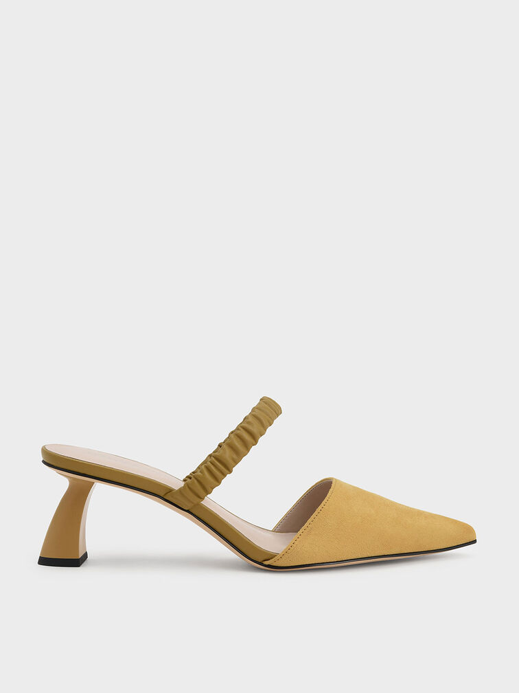 Ruched Strap Textured Mules, Mustard, hi-res