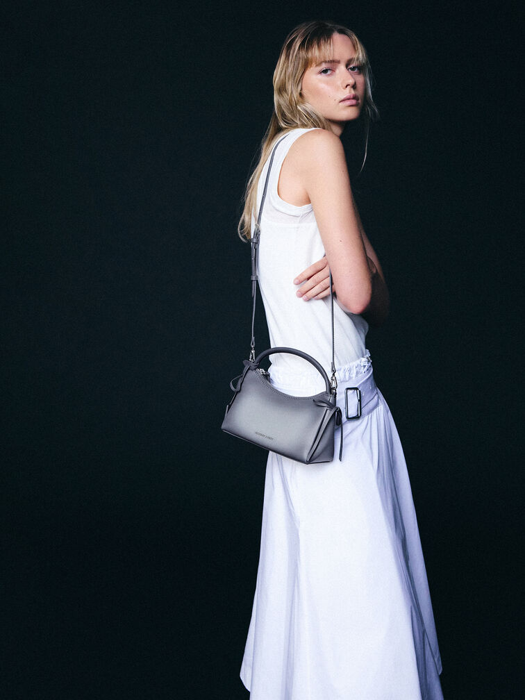 Hazel Burnished Bow Top Handle Bag, Grey, hi-res