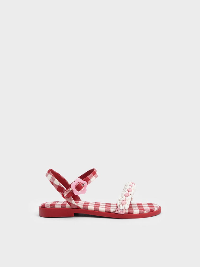 Girls' Floral Gingham Sandals, Red, hi-res