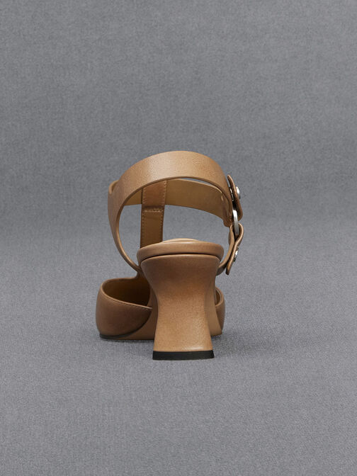 Leather Buckled T-Bar Pumps, Taupe, hi-res