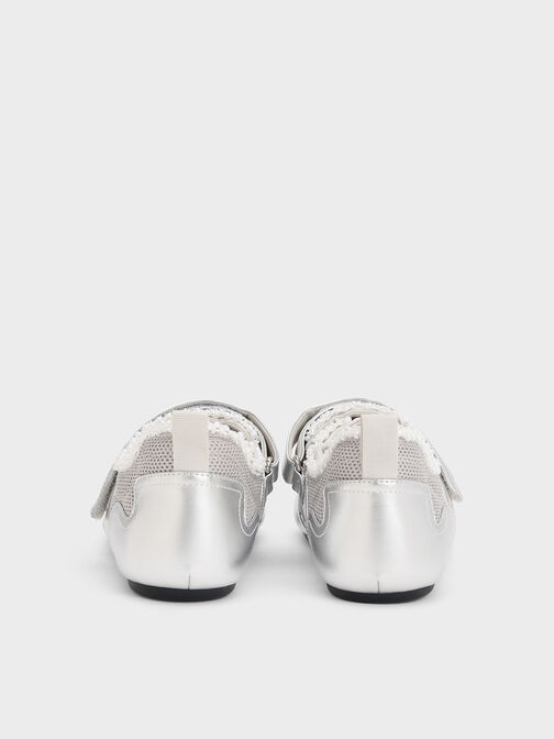 Metallic Mesh Pearl-Embellished Mary Jane Sneakers, Silver, hi-res