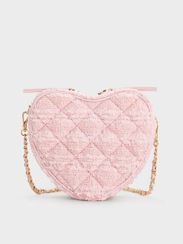 Philomena Tweed Bow Quilted Heart Crossbody Bag, Pink, hi-res