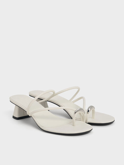 Metallic-Accent Strappy Toe-Ring Heeled Sandals, Chalk, hi-res