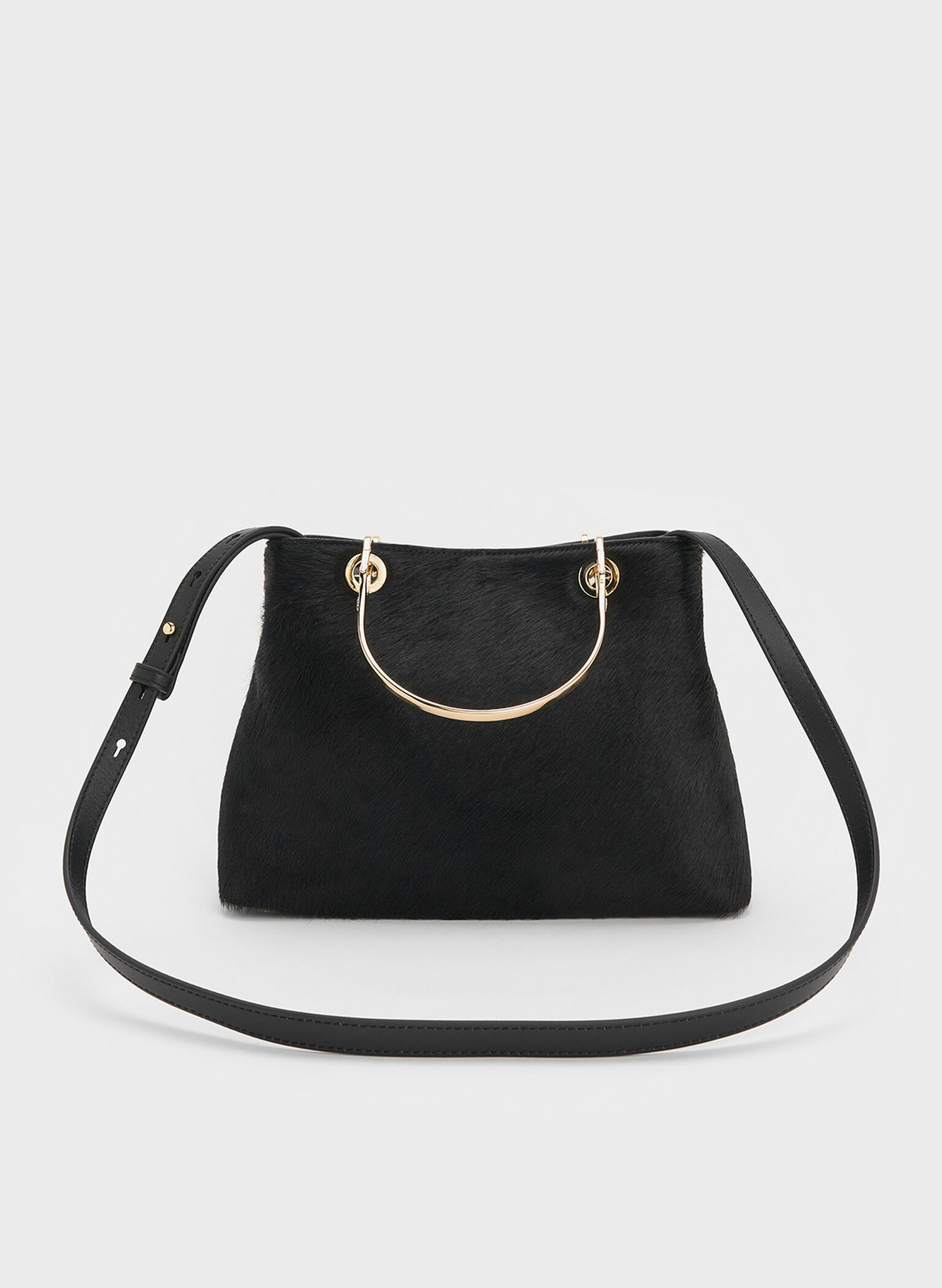Bolso rectangular anillado de piel con asa, Negro, hi-res