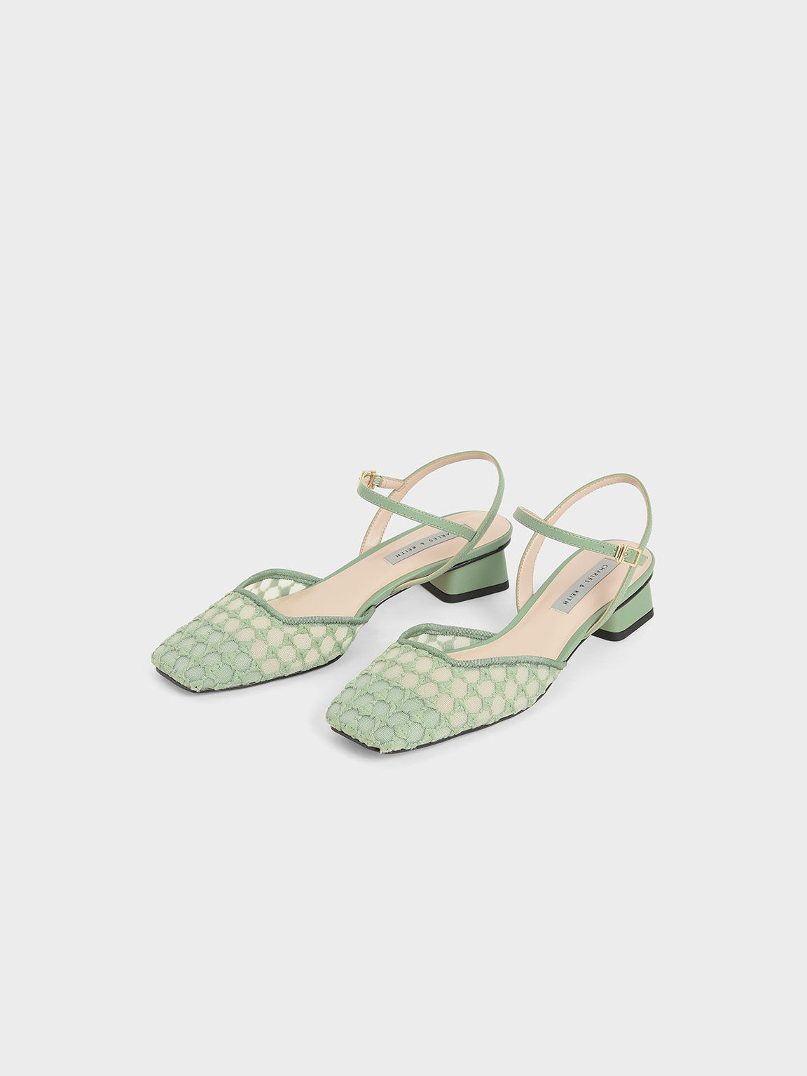 蕾絲編織低跟鞋, 綠色, hi-res