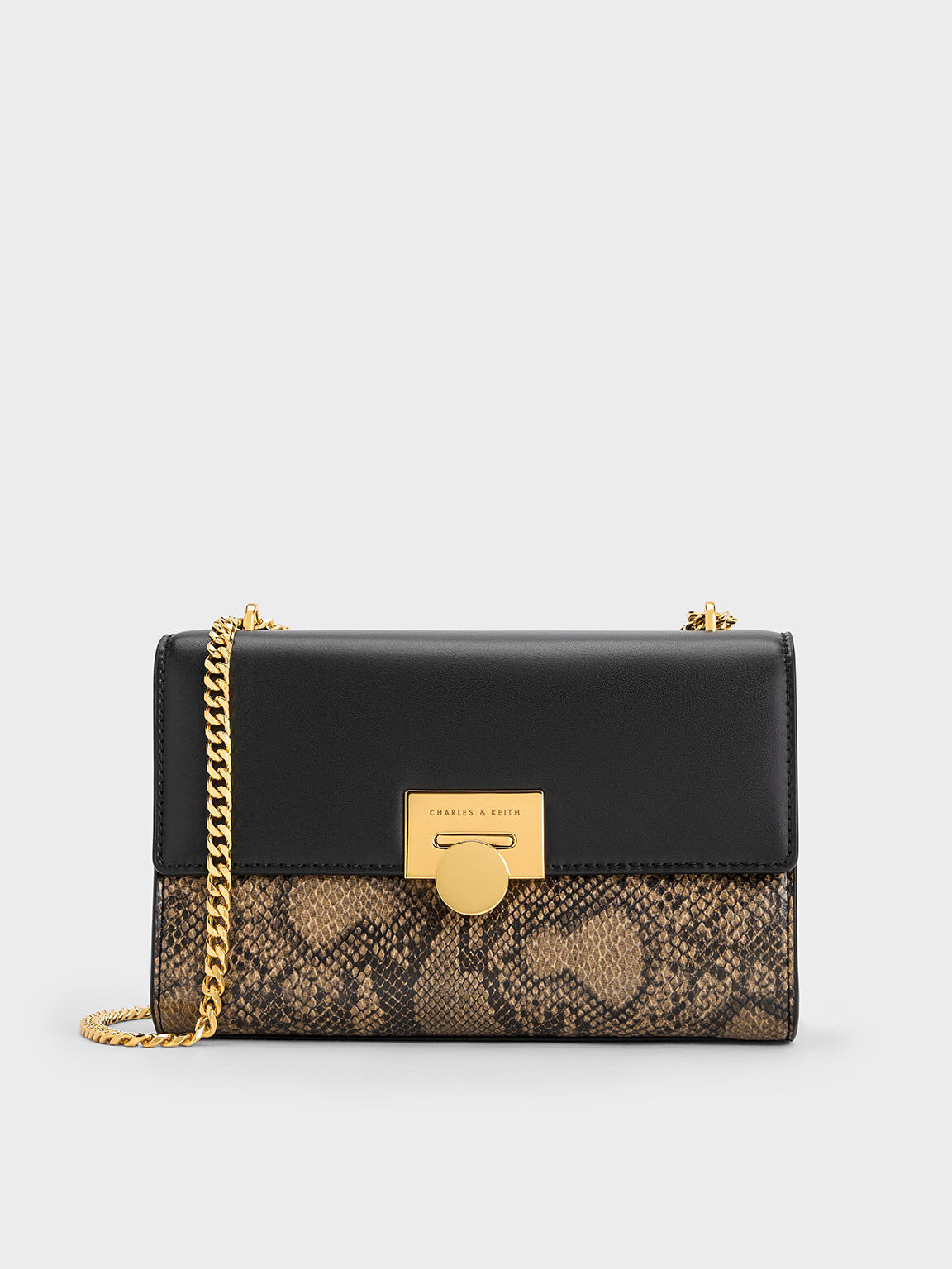 Snake Print Metallic Accent Clutch Beige