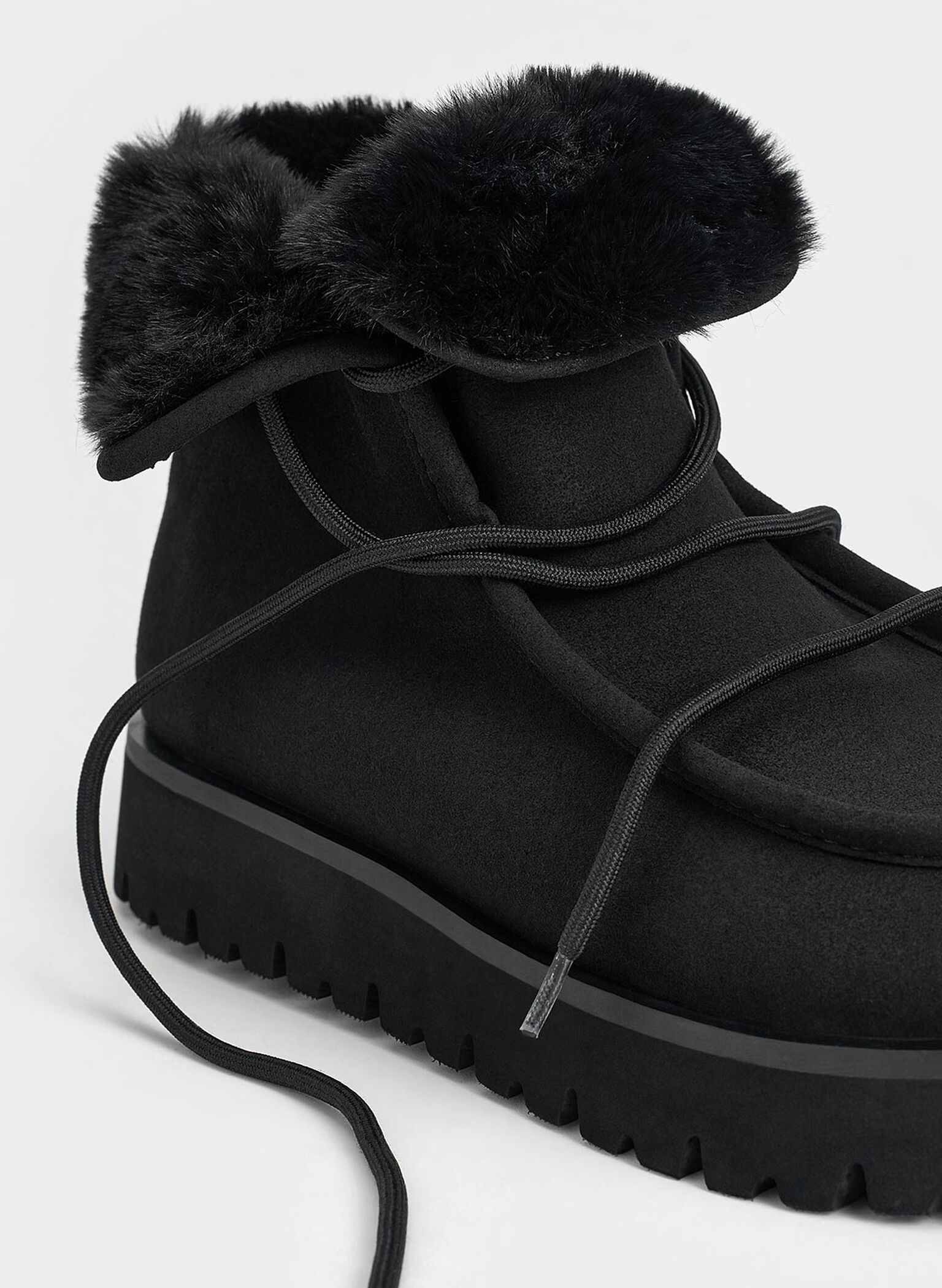 Textured Fur-Lined Ridged-Sole Ankle Boots, Black, hi-res
