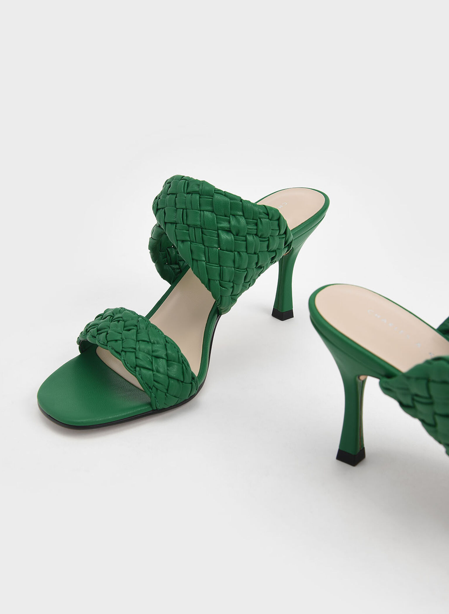Double Strap Woven Heeled Mules, Green, hi-res