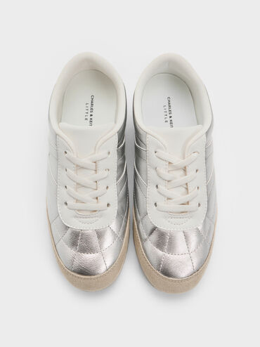 Girls' Faux Suede Metallic Low-Top Sneakers, Silver, hi-res