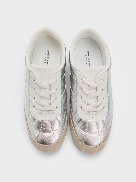 Girls' Faux Suede Metallic Sneakers, Silver, hi-res