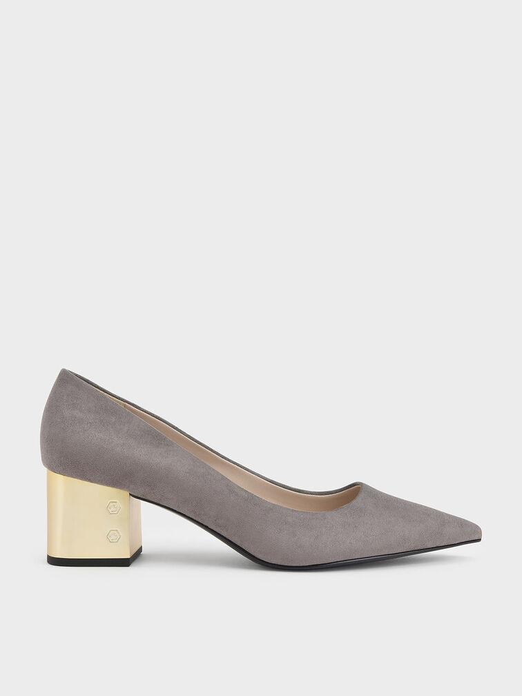 Metallic Block Heel Textured Pumps, Grey, hi-res