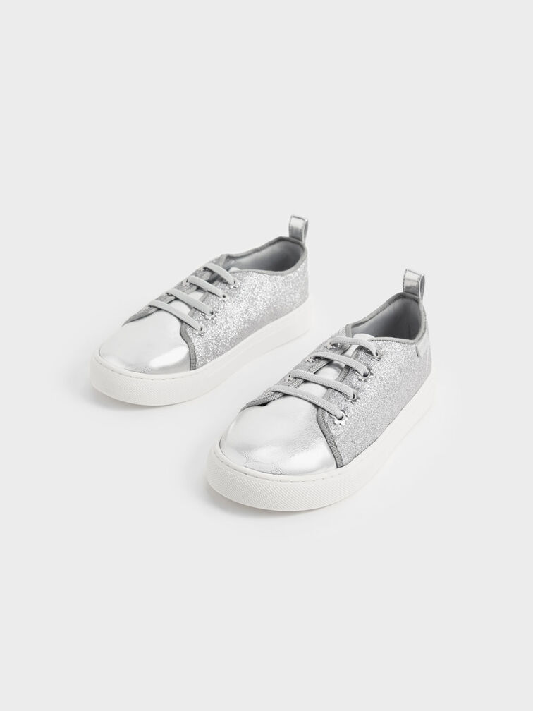 Girls' Glittered Sneakers, Silver, hi-res