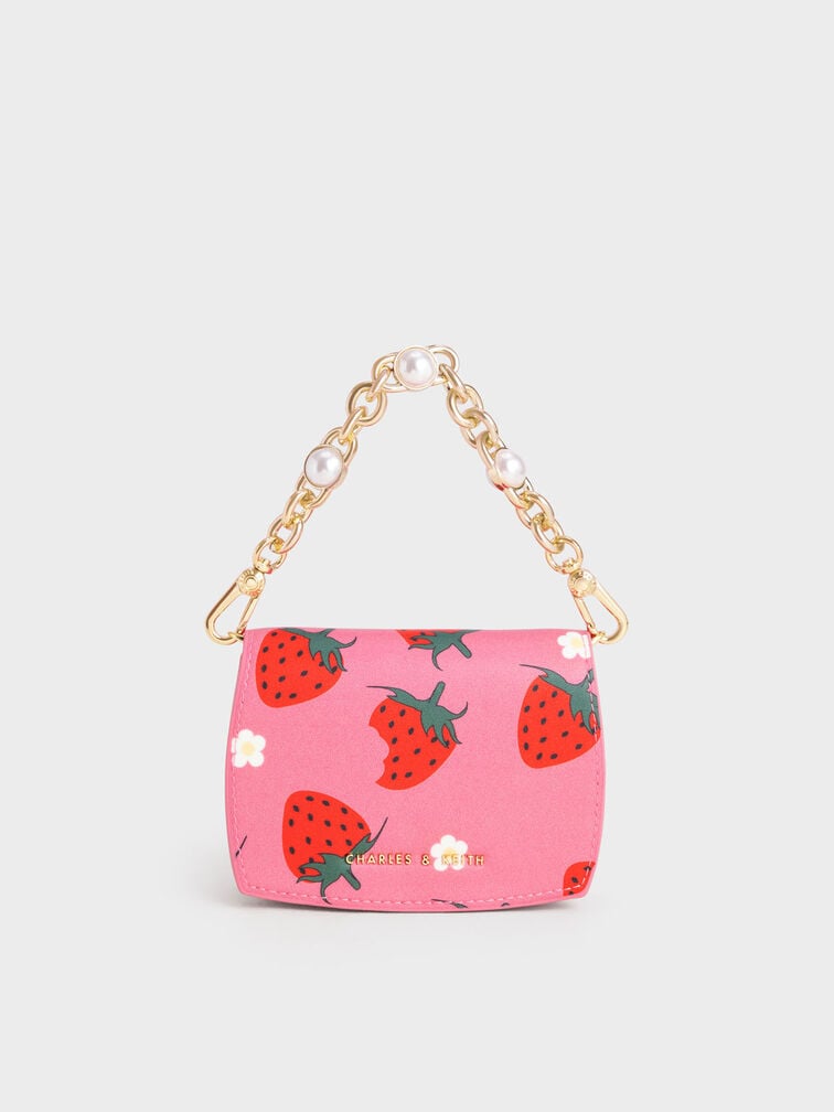 Chain Handle Strawberry-Print Vanity Pouch - Light Pink