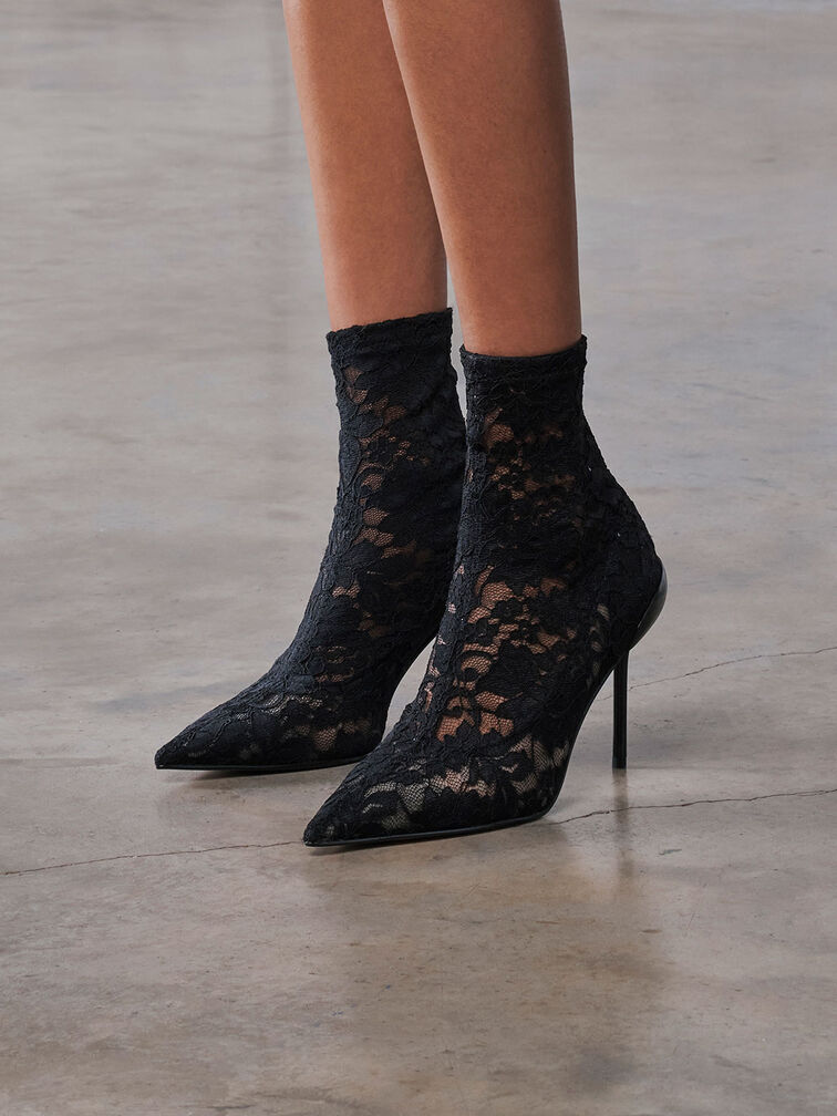 Lace & Mesh Ankle Boots, Black Textured, hi-res