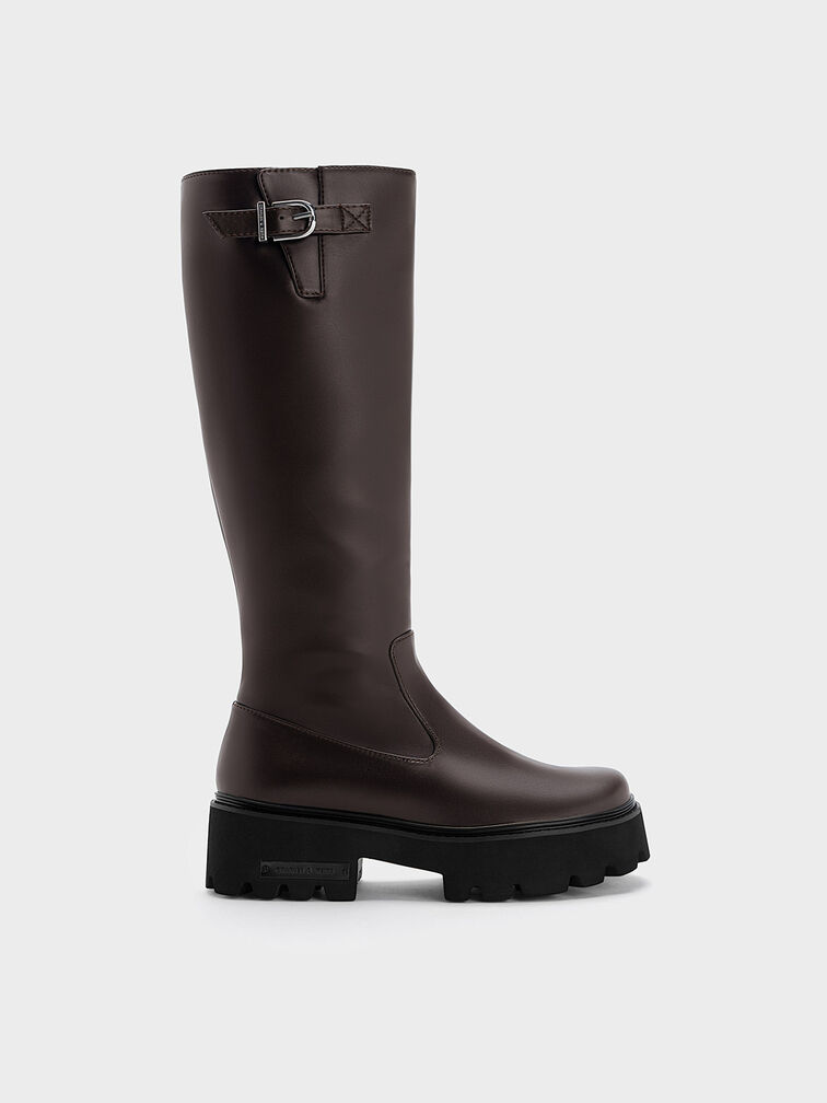 Dark Brown Imogen Side-Buckle Chunky Knee-High Boots - CHARLES & KEITH US