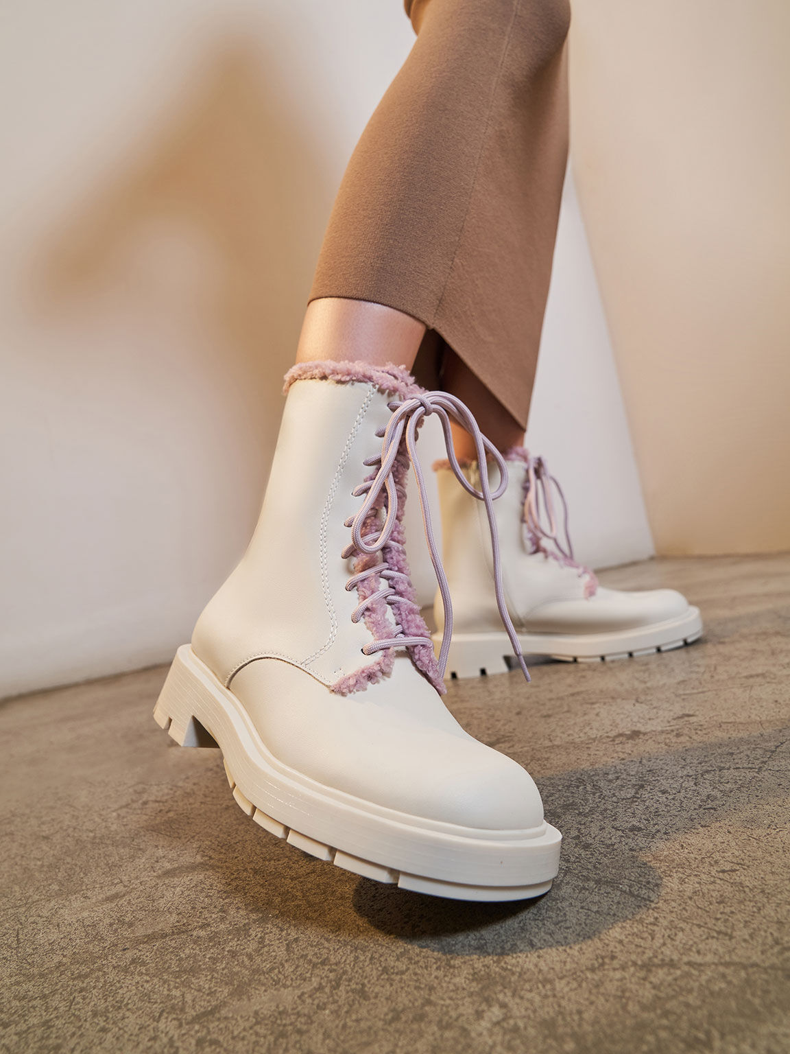 Fur-Trim Lace-Up Ankle Boots, Chalk, hi-res