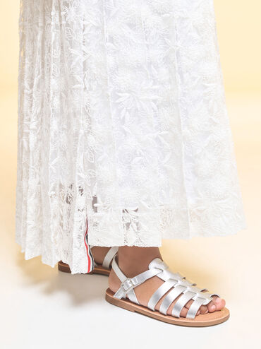 Girls' Metallic Caged Sandals, Silver, hi-res