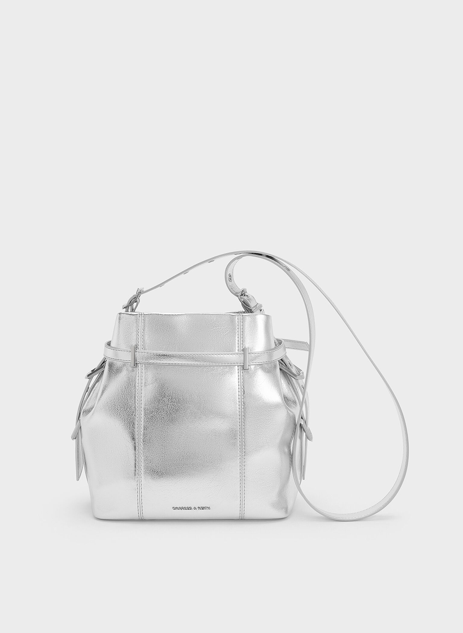 Bryna Metallic Belted Bucket Bag, Silver, hi-res