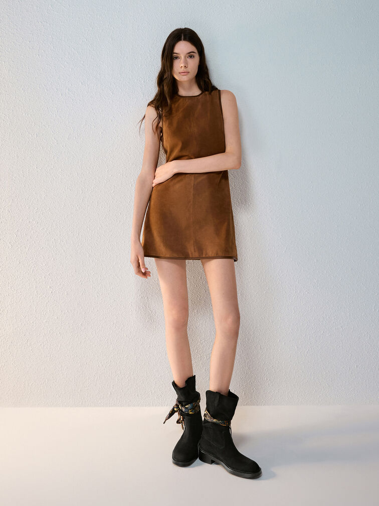 Faux Suede Printed-Scarf Calf Boots, Black Textured, hi-res