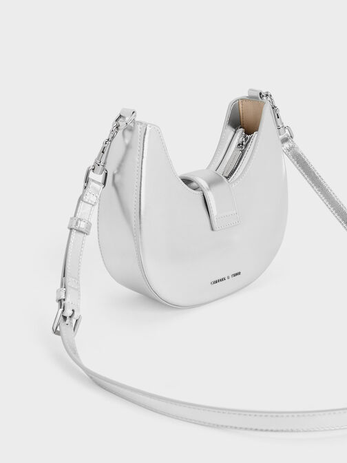 Gabine Metallic Leather Gem-Embellished Hobo Bag, Silver, hi-res