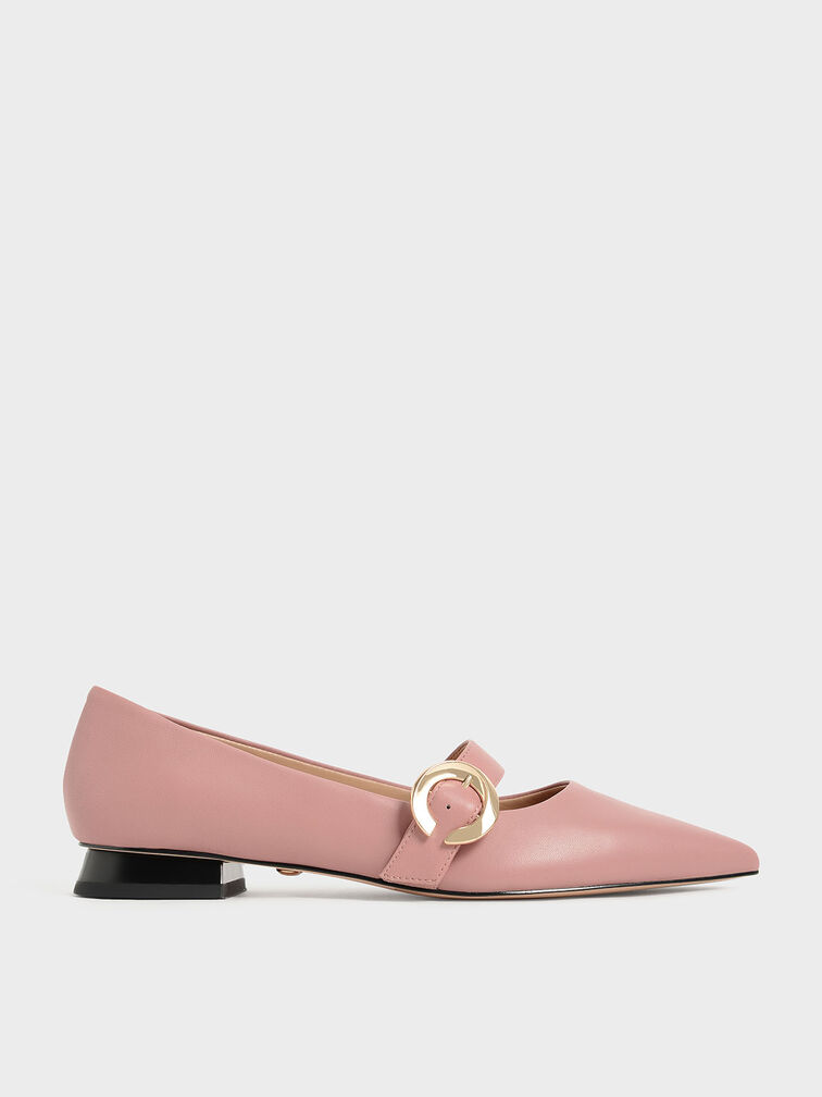 金屬圓釦真皮尖頭鞋, 粉紅色, hi-res