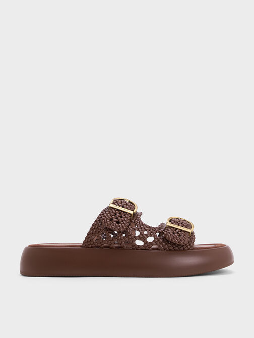 Woven Double-Strap Buckled Sandals, Brown, hi-res