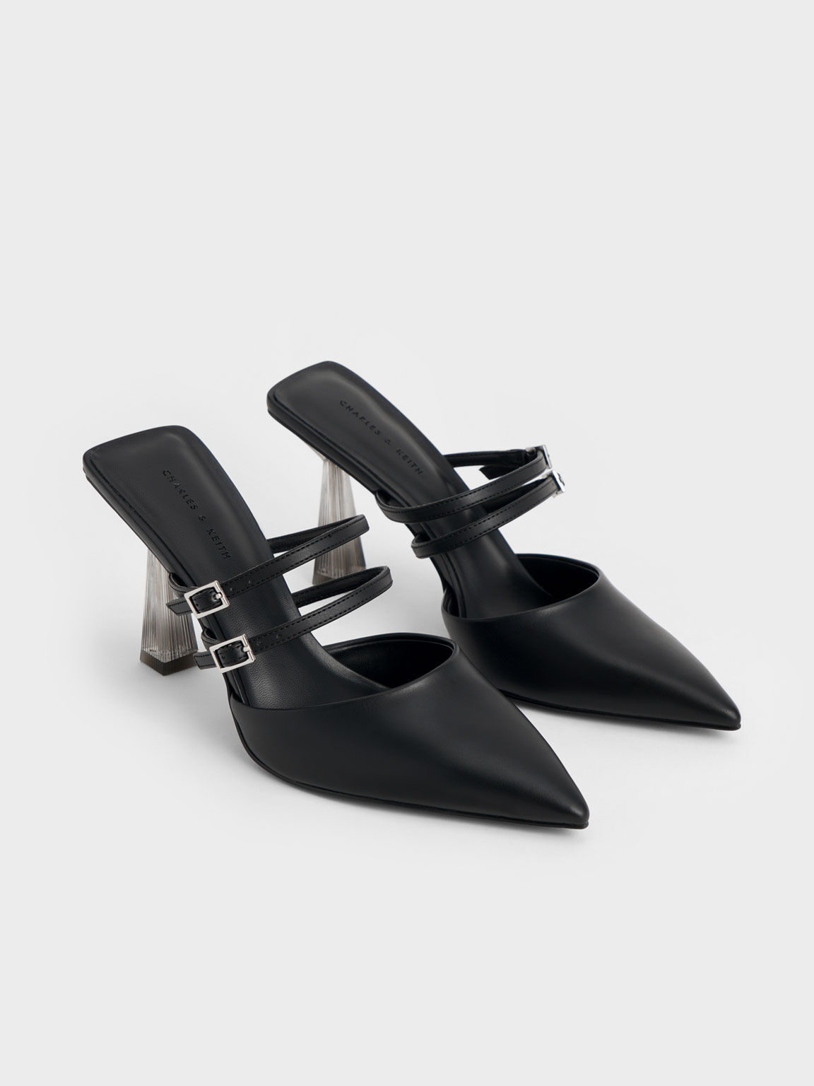 Strappy Slant Heel Mules, Black, hi-res