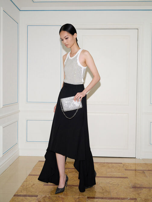 Crystal-Embellished Chain-Handle Shoulder Bag, Silver, hi-res