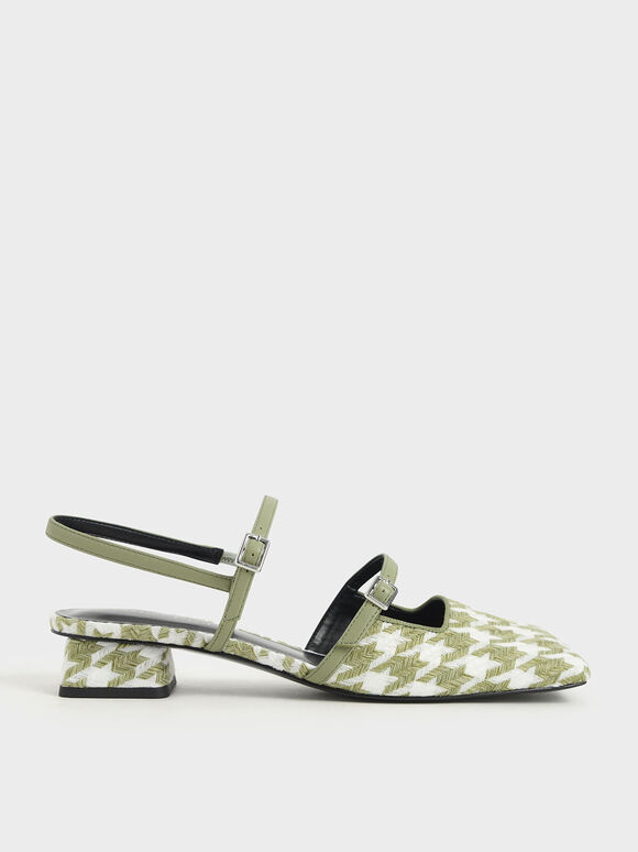 Houndstooth Square Toe Mary Janes, Green, hi-res