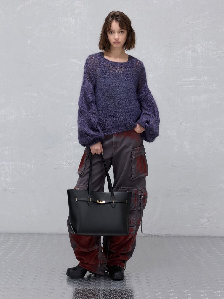 Sac cabas à double poignée et boucle Arlet, Noir, hi-res