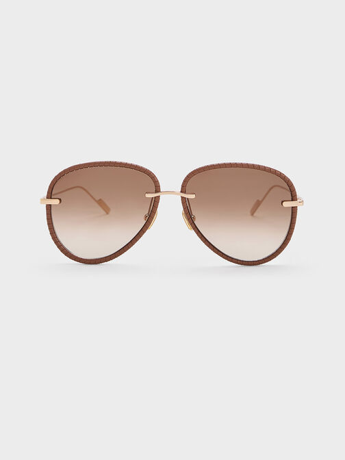 Leather Braided-Rim Aviator Sunglasses, Chocolate, hi-res