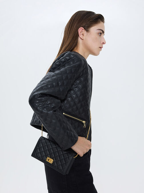 Micaela Quilted Long Wallet, Black, hi-res