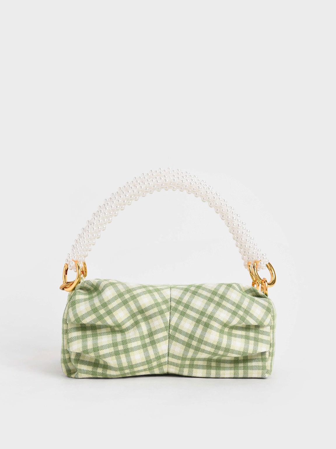 Beaded Handle Ruched Shoulder Bag, Green, hi-res