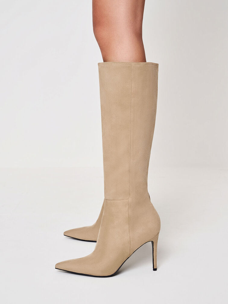 Textured Stiletto Heel Knee-High Boots, Beige, hi-res