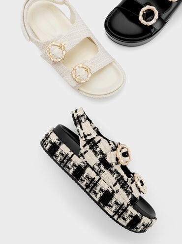 Sandalias de tweed con doble correa y hebilla de perlas, Negro texturizado, hi-res