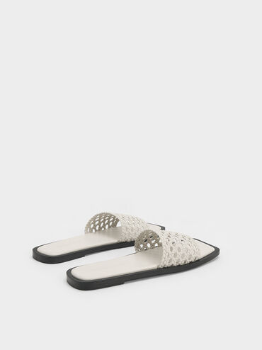 Woven Square-Toe Slides, White, hi-res